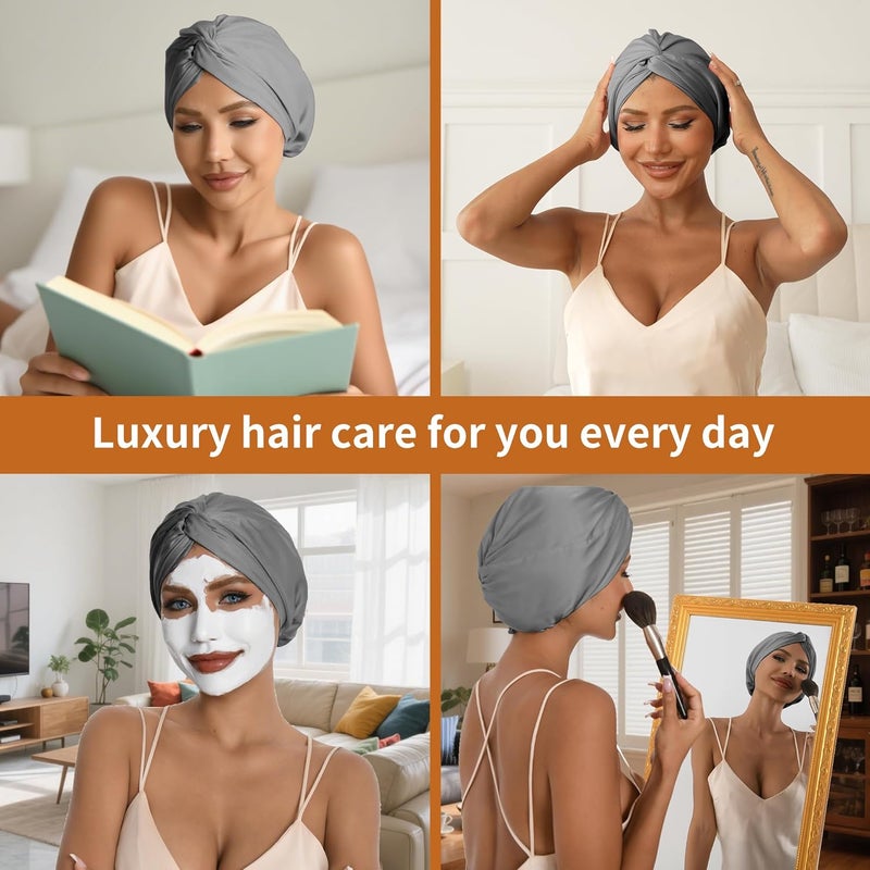 elio Adjustable Silk Satin Hair Bonnet for Sleeping with 5% Mulberry Silk – Double Layer Hair Cap for Women & Men, Extra Smooth Night Cap for Curly, Braided, Natural Hair – Silk Shower Cap (Grey) - Image 5